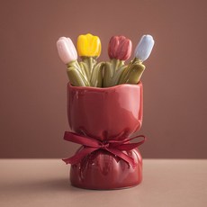 不鏽鋼鬱金香造型水果叉組 陶瓷花束收納罐, 1個, 花束2.0紅色水果罐+4鬱金香叉
