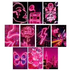 嗨購 10張粉色霓虹牆面卡片 客廳臥室派對潮流裝飾背景素材明信片, 1個, T01043079, 粉色