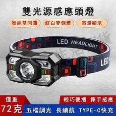 雙光源感應頭燈 COB頭燈 工作帽頭燈 工地頭燈 LED頭燈 Type-C充電紅白 戶外跑步釣魚, 1個