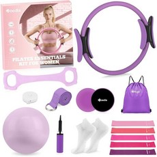 Hoedia 여성용 필라테스 키트 장비 링 및 볼 세트 저항 밴드 요가 스트랩 코어 슬라이더 양말 가방 가이드 초보자 홈 운동 피트니스 체육관 필수용 핑크 176, 퍼플
