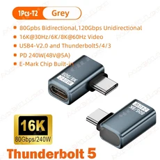 USB4 V2 90도 유형 C 각도 어댑터 80Gbps Thunderbolt 5 4 3 팔꿈치 240W 케이블 커넥터 MacBook Air 용, 01 빠른  Mainland, 08 1Pcs-T2 Grey