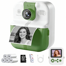 프린트 카메라 즉석 카메라 사진기 컬러 디지털 카메라 사진+동영상+프린트 3in1 열전사지카메라 감열식 영수증카메라 빈티지 필름카메라 (32GB SD카드+카드리더기+인화지5롤), 1개, 초록