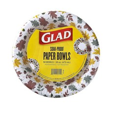 Glad 원형 일회용 종이 그릇 떨어지는 나뭇잎 디자인 - 튼튼함 젖음 방지 절단 방지 모든 음식 및 일상 사용을 위한 전자레인지 사용 가능한 그릇 473.2ml16온