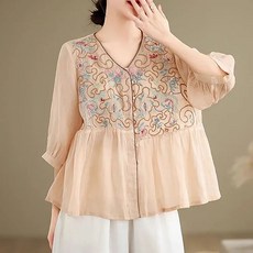 Seevary 여성 여름 전통 꽃 자수 중팔 상의