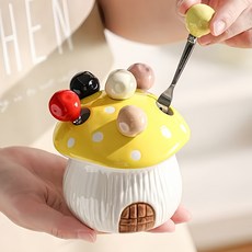 쿠코아 귀여운 버섯집 모양 세라믹 수납 스테인리스 과일 포크 세트, 1세트, 9.5*10.4cm 노란 버섯집+포크 6개