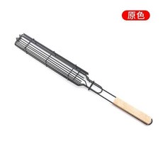 臺灣*出貨 木柄燒烤籠熱狗香腸烤肉夾戶外露營BBQ不鏽鋼烤網燒烤架擺攤工具, 1個, 原色柄【長條燒烤架】狠狠得燒