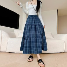 Yellwel 여성 캐주얼 체크 플레어 롱 스커트 DJP