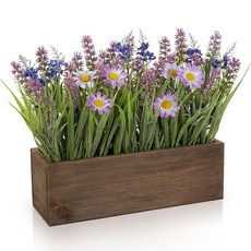 직사각형 나무 화분 상자에 담긴 인공 라벤더 꽃꽂이 26.9cm10.6인치 가짜 꽃 센터피스 입구 창틀 선반 가정 및 사무실 장식용 인조 식물 173264, 퍼플