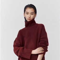 부드러운 여성 가을 겨울 울 하이넥 루즈핏 무지 니트 두툼한 따뜻한 스웨터, 와인레드