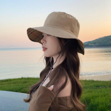 몬티레오 여성 고급 양면 포켓 버킷햇 등산 골프 모자, 베이지