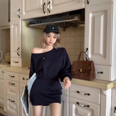 투니스 여성 슬림 웨이스트 오프숄더 긴소매 미니 원피스