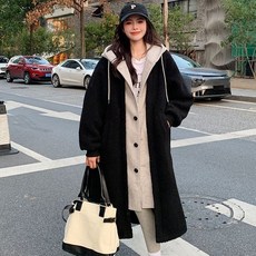 홍언목요 여성 롱 후드집업 뽀글이 루즈핏 집업류 버튼 레이어드 후드집업