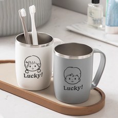 Lucky! 不鏽鋼情侶漱口杯, 幸運男孩把手杯【灰色】,301-400ml, 1個