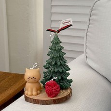 키키데이즈 고양이캔들+나무캔들+털실캔들+우드코스터 (세트상품) / 크리스마스 인테리어 연말선물, 베이지고양이+목걸이, 5단트리+우드코스터