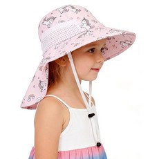 CHUNG 아기 햇빛 차단 모자 여름 유아 조절 가능한 UPF 50+ 넓은 챙 넥 플랩 비치 캡 남아 여아 1-12세 아동용 핑크 유니콘.