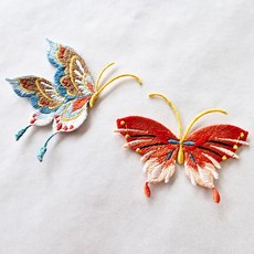 나비 장식 자수패치 한복 의류 붙이는 열접착 와펜, 주황, 1개