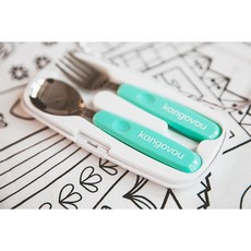 Kangovou 小袋鼠不鏽鋼安全兒童餐具 莫克總代理公司貨, 1個, 不鏽鋼湯叉組,薄荷綠