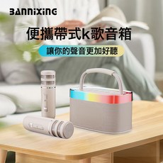 話筒音箱一機藍牙音響雙麥克風K歌氛圍燈大容量低音炮便攜降噪, U-02 K歌神器+雙麥克風 米白色