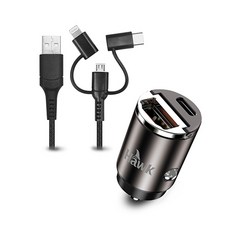 Hawk 30W PD QC雙孔車充傳輸線組, 鈦, 01-AMG300