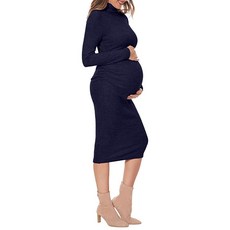 [ 1205868 ] 클래식 핏 골지 니트 터틀넥 임산부 드레스/사이드 주름 장식 바디콘 드레스 데일리 가을 네이비 블루 L