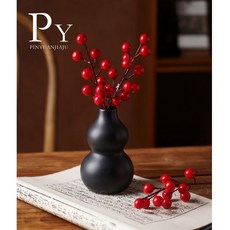 PINYUANJIAU 新中式陶瓷花瓶, 福祿花瓶-黑色+髮財漿果仿真花