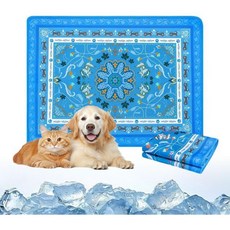 펫 냉감 아이스 패드 강아지 고양이 쿨매트 고양이용 빙펫 쿨링 매트 19.5인치 X27.5인치 반려견 레트로 프린트 휴대용 세탁 가능 반려동물 사료 소변 여름 실내외용 편안 실, Blue, M(19.5*27.5in）