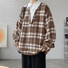 格子大碼衛衣 - 大領假兩件慵懶風套頭上衣 - 男款長款運動衛衣