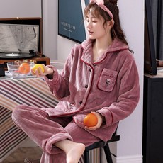 가을과 겨울 산호 양털 잠옷 여성 겨울 패딩 플러스 벨벳 플란넬 홈 의류 겨울 2021 새로운 정장, 깊은 콩 페이스트 장미, 1개, XXL 코드