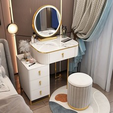 세트 캐비닛 확장형 LED 거울 북유럽 스툴 포함 수납, 인조 보드, 완제품 조립 완료, 화이트 50cm + 스마트 미러 라운드 스툴