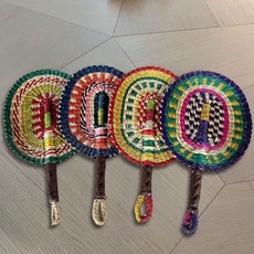 手工編織海草扇 橢圓多巴胺日用ins風非洲元素裝飾民宿夏, 1個, 橢圓海草扇-紫邊拼湖綠色,扇面21cm總柄長40cm