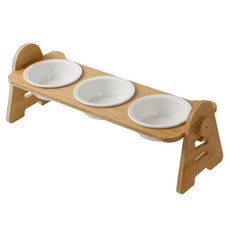 카시안 원목 고양이 높이조절 밥그릇 CN 대나무 강아지 물그릇 애견 애묘 도자기 스텐 식기, 1개, 도자기 3구