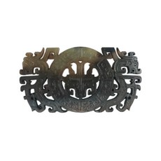 博古珍藏 天然和闐玉雕獸面紋雙龍出廓玉璧把玩．95公克．早期收藏．博物館級文物．感恩特賣