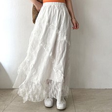 네모엔룩 라라레이스 여성용 사선 3단 프릴 셔링 허리밴딩 시스루 A라인 캐주얼 레이스 맥시 롱 스커트