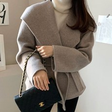 708090 여성 겨울 모직 코트 세련된 벨트 하이넥 모직 하프코트 아우터