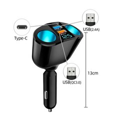 차량 충전기 66W 시거잭 분배기 타입 C QC3.0 USB 듀얼 소켓 고속 충전 포트 L, QC3.0-2.4A-Type C