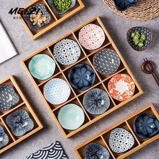 MEIZI 日式陶瓷小碟 蘸料碟 圍爐煮茶餐具, 1個, 2宮格托盤+花型2碟,顏色默認隨機發貨