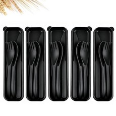 여행 기구 세트 - 재사용 가능한 밀짚 플라스틱 커틀러리 5세트 케이스 휴대용 포크 스푼 및 나이프 세트 친환경 BPA 프리 매일 사용 (다크 그린 오렌지 옐로우 퍼, 5 블랙