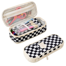 롤링페이퍼 체크무늬 체커보드 늘어나는 대용량 필통, 1개, 블랙