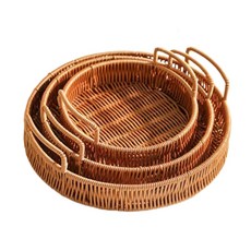 까페 라탄 베이커리 과일 바구니 손잡이 원형 트레이 3종세트, 1세트, 브라운