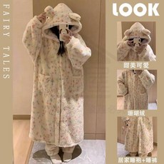 全店折扣 日系ins風小熊睡袍睡衣女秋冬季珊瑚絨加絨加厚長款學生浴袍睡裙