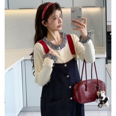 임산부 멜빵바지 세트 임부 봄 가을 긴팔 상의 + 데님 멜빵 바지 세트 캐주얼 임부복 YXF