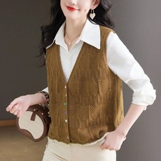 ROYALBELLE 여성 니트 베스트 브이넥 자수 포인트 민소매 루즈핏 레이어드 데일리용 버튼형 조끼 U0081211