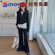 OY1 2025新款女童波點時尚三件套 春秋裝帽衫蕾絲打底喇叭褲