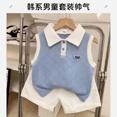 兔巴叮童裝 男童夏裝套裝 中小兒童韓系鏤空polo領無袖翻領薄款休閒短褲兩件套學生洋裝兩件套兒童套裝男童套裝休閒舒適帥氣