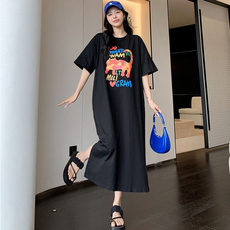 바네코 55~88 레인보우캣 빅사이즈 여성 박시 롱 원피스 티 반팔 롱 여름 홈웨어