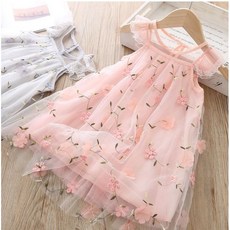 女童網紗刺繡連衣裙 立體花朵公主裙