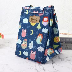 Coolerbag 手提保溫保冷袋 防水牛津布便當包 野餐飲料保冰袋 藏青貓頭鷹款 輕便大容量, 1個, 手提保溫袋-藏青貓頭鷹