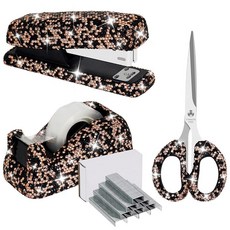 Buqoo 블랙 블링 라인스톤 사무용품 세트 다이아몬드 데스크탑 스테이플러 및 테이프 디스펜서 1000개의 스테이플 커터 문구류 책상 학교 가정 가위