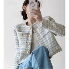 진주단추 노카라 트위드 자켓 간절기 숏 자켓