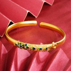 越南沙金古法傳承琺瑯燒藍孔雀開口手鐲，民族風不掉色銅鍍金飾品，開口可調節設計, 1個, S3182 孔雀開口手鐲